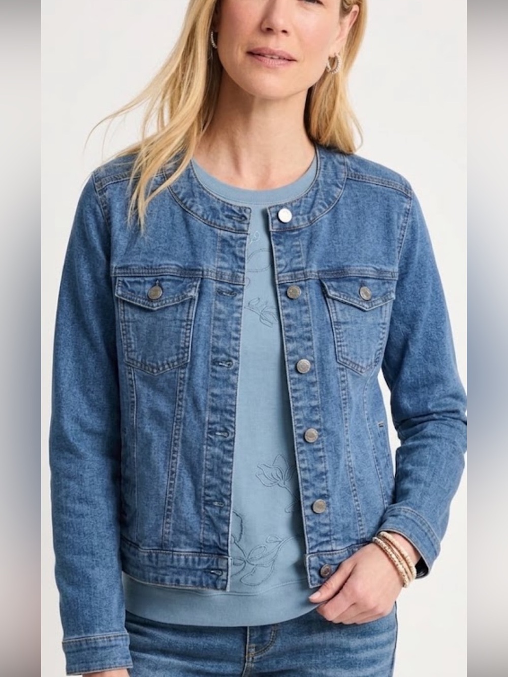 VTG Y2K Womens Denim & Co Collarless Trucker Blue Jean Jacket Military M Western